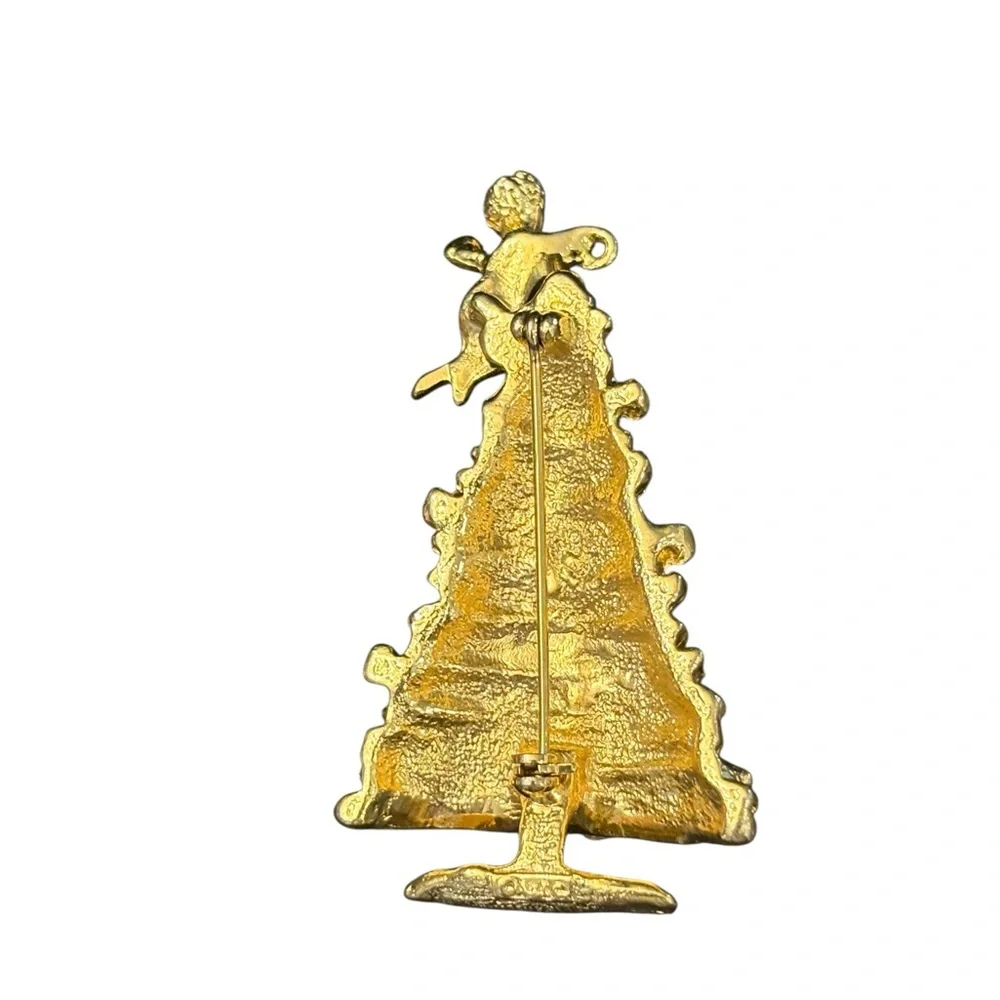 Vintage Christmas Tree Brooch Angel Brooch Holiday Gold‎ Tone Estate Pendant